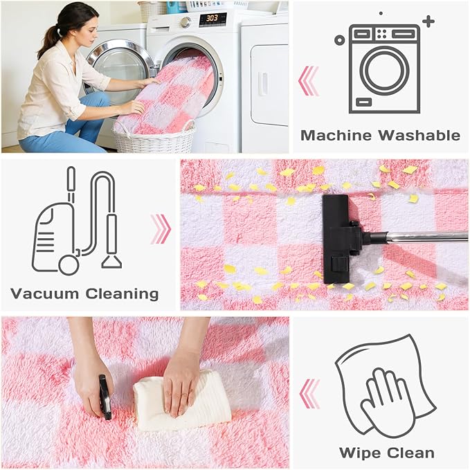 Area Rugs for Living Room Bedroom 9x12, Ultra Fluffy Shag Checkered Rug Modern Washable Carpet Soft Shaggy Non Slip Indoor Plush Fuzzy Rugs for Bedroom Dorm Office Home Aesthetic Decor, Pink and White