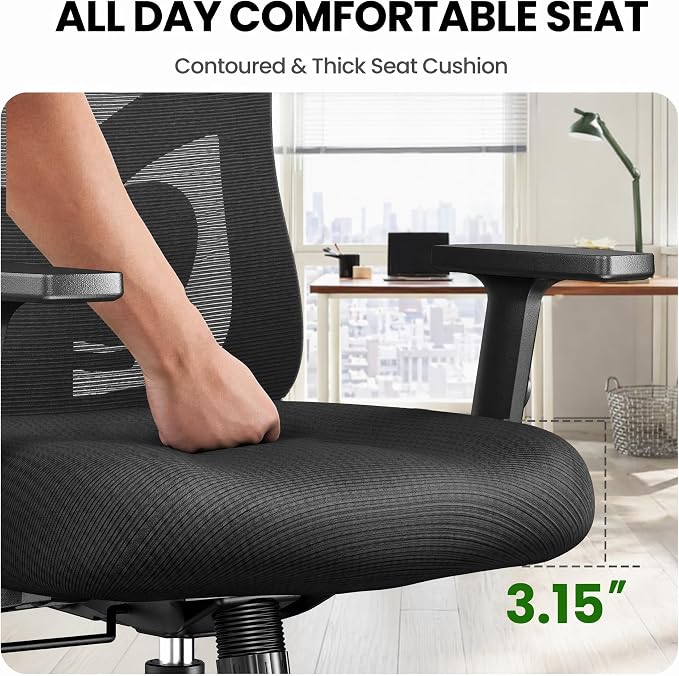 Marsail Ergonomic Office Chair with Lumbar Support,2D Headrest, Adjustable Armrests, Contoured Seat Cushion,Desk Chair with Wheels for Home and Office