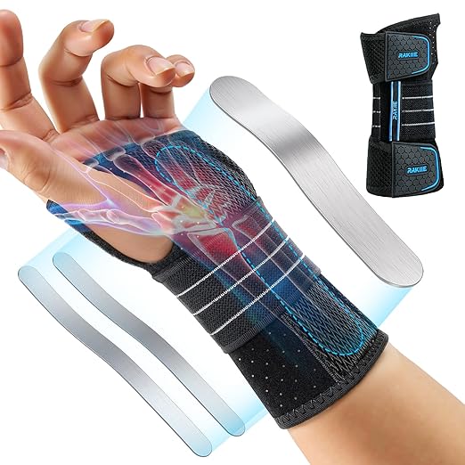 Rakiie Carpal Tunnel Wrist Brace, Adjustable Night Wrist Support with 3 Metal Splints, Hand Brace for Men Women No Pressure on Thumb, Splint Stabilizer for Work, Arthritis (Left Hand, Blue, Large)