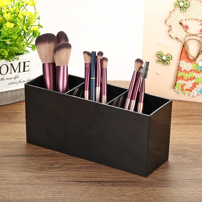 PATIKIL 3 Compartments Clear Acrylic Pen Holder, Pencil Holder Pen Organizer Pencil Cup Makeup Brush Holder Square for Countertop Desk, Black