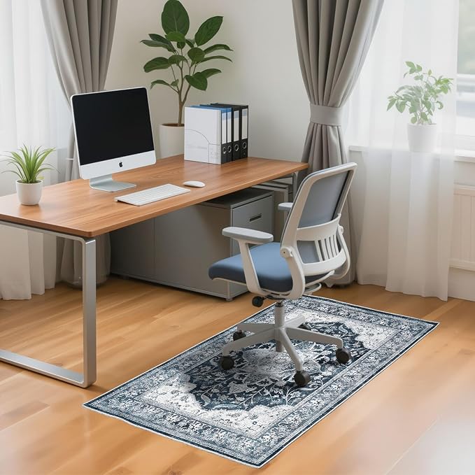 Office Chair Mat for Hardwood Floor & Tile Floor, 36"x48"Anti-Slip Under Desk Carpet Protector for Rolling Computer Chair Mat, Machine Washable Office Area Carpet (Chenille,Blue)