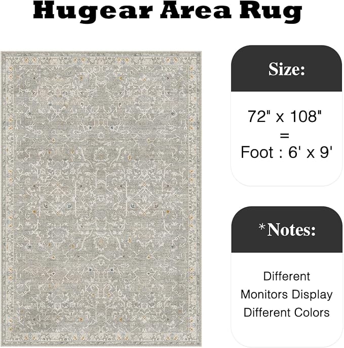 HUGEAR Area Rug 6x9 Retro Grey Machine Washable Living Room Rugs Distressed Vintage Floral Vacuumable Low Pile Carpet Bedroom Office Dining Room Laundry Room Non Slip Soft Lightweight