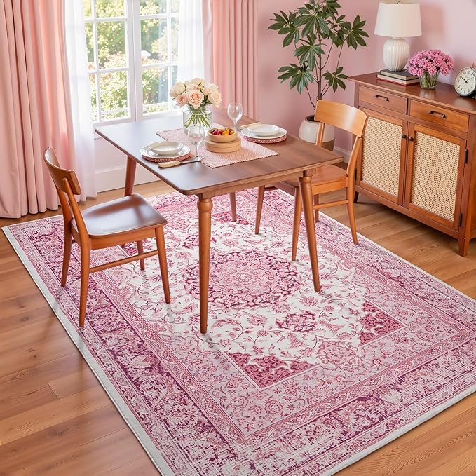 Macgace Bright Pink Area Rug for Living Room, 6x9 Machine Washable Rugs with Non-Slip Backing for Girls Bedroom, Large Vintage Carpet for Kitchen Laundry Kids Room