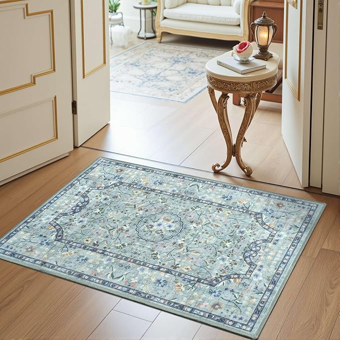 Vasofe 2x3 Area Rug for Bedroom, Small Rugs for Entryway, Kitchen, Bathroom, Non-Slip Washable Carpet Soft Low Pile Vintage Floral Teal Mat Front Door Mats for Indoor Entrance