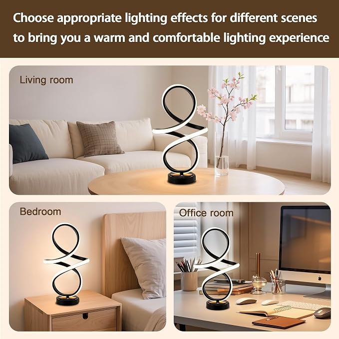 Mayful Modern Spiral Table Lamp, Black Small Nightstand Lamp with USB C & A Ports, Touch Control Dimmable with 3 Color Temperatures,Unique LED Bedside Lamps for Bedroom Living Room Nightstand Office