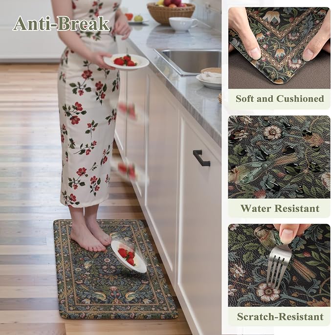 KIMODE Kitchen Mats for Floor Anti Fatigue,Cushioned Sink Rug | 17.3"x29",Navy Blue Green,Floral Vintage Sink Rug Non Slip for Laundry,Memory Foam Padded Standing Desk Mat for Office Rug