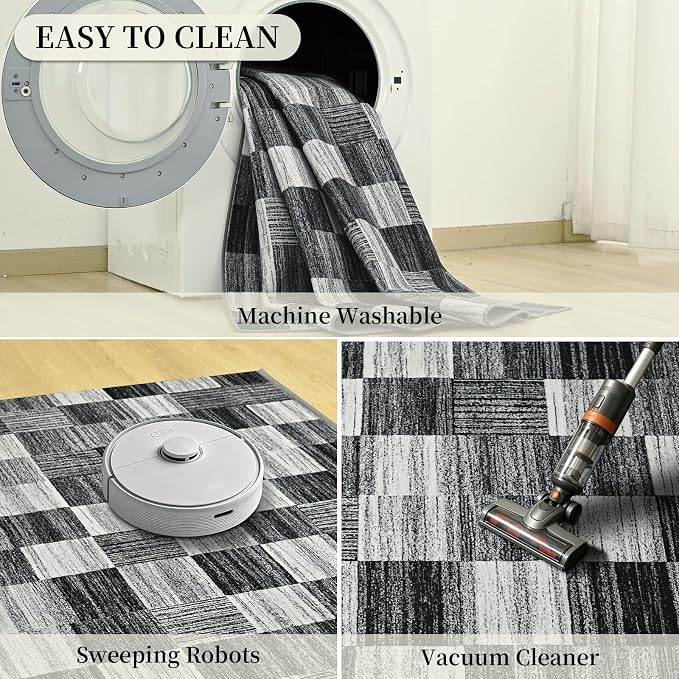Terrug Black and White Checkered Rug for Living Room, 5x7 Area Rugs Washable with Non Slip for Bedroom, Soft Low Pile Stain Resistance Abstract Carpet for Dinning Room