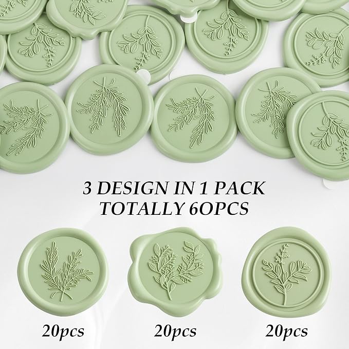 60Pcs Sage Green Wax Seal Stickers Set (3 Designs in 1 Pack) - Floral Botanical Adhesive Seals for Wedding Invitation Envelope Seal Stickers Gift Wrapping