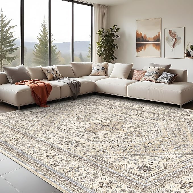 Puino 10x14 Washable Vintage Rug: Oriental Rugs for Living Room Non Slip Backing Stain Resistant Large Indoor Carpet for Bedroom Area Rug Dining Room Decor(Beige,10x14FT)