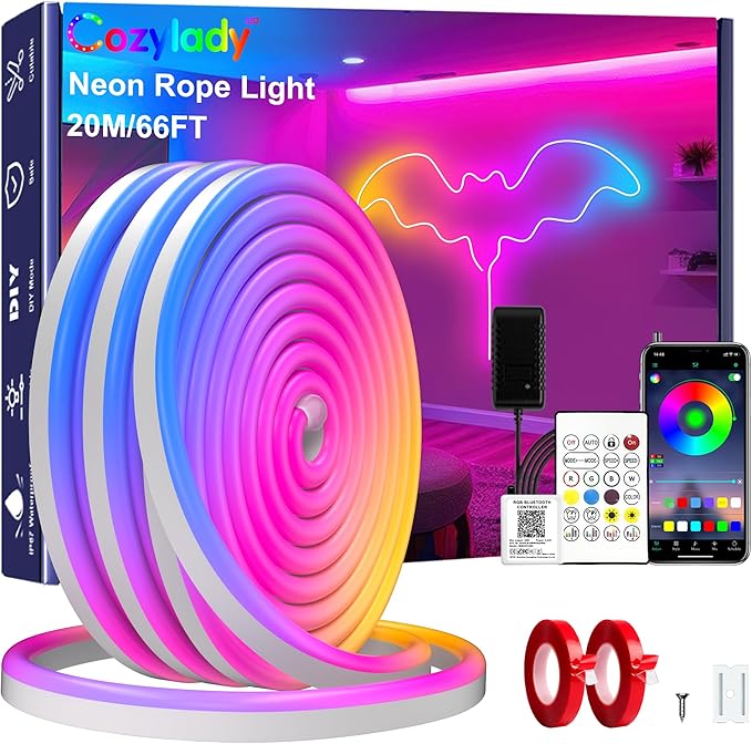 Cozylady RGB Neon Light LED Rope Light,Waterproof Bluetooth APP Remote Control Music Sync Strip Light,24V Flexible DIY Silicone Light for Bedroom Home Indoor Outdoor Decoration