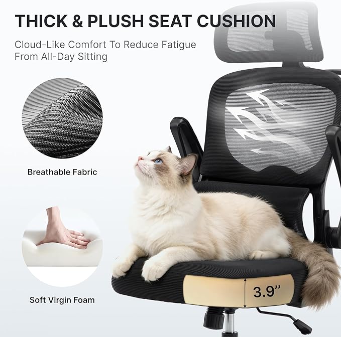 Ergonomic Office Chair, 330lbs Mesh Desk Chair with Adjustable Lumbar Support, 3D Headrest and Flip-Up Arms, Comfortable High Back Computer Chair for Home Office