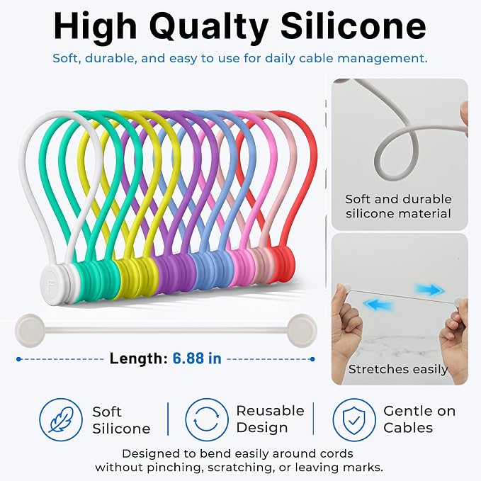COOLMI Magnetic Cable Ties 12 Pack, 6.88 Inch Reusable Silicone Cord Organizer Wraps, Strong Magnet Cable Management Straps for Charging Cords, USB Cables, Earbuds, Desk, Travel, Assorted Colors