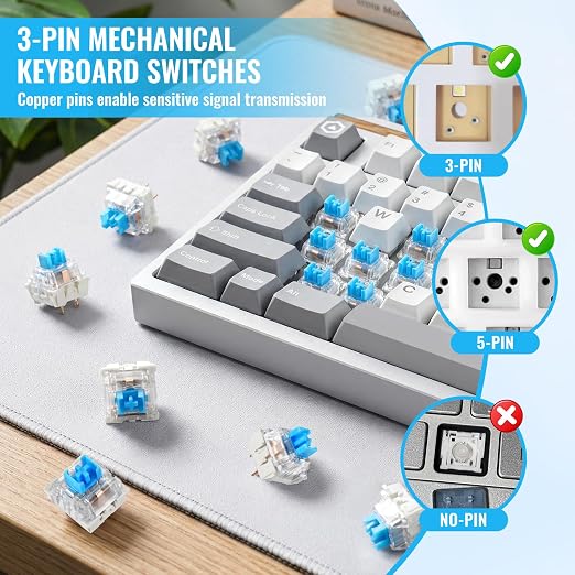 Leezmark 30 Pcs Mechanical Keyboard Switches, 3-PIN Blue Key Switches Keyboard Clickers for 3D Prints Fidget, Dustproof Replacement Keys for Most Gaming Keyboards