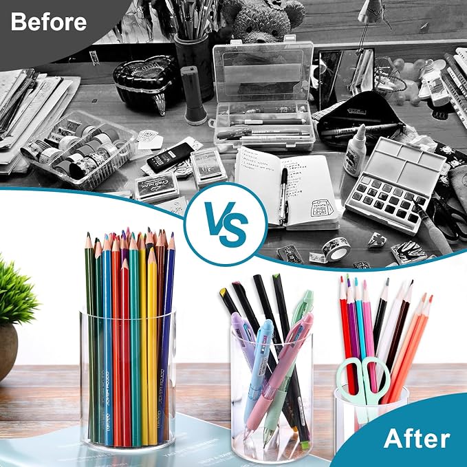 CEYAZYE 10 Pcs Clear Round Acrylic Pencil Holder Pen Pot for Desk | Transparent Makeup Brush Storage Desktop Organiser Stationary Organiser for Home Office School Supplies