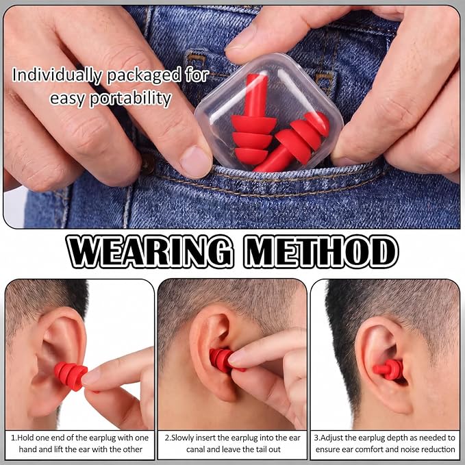24 Pairs Red Ear Plugs Bulk NRR 29dB Reusable Silicone Ear Plugs with Plastic Cases Soft Foam Plug for Sleeping Noise Cancelling Concerts Shooting Swimming Noise Reduction