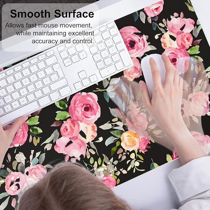 QiyI Large Mouse Pad, Floral Desk Mat for Desktop, Women Girls Watercolor Pink Flowers Office Décor Desk Accessories, PU Leather Waterproof Gaming Mousepad, Black Desk Pad Computer Mat, 31.5" x 15.7"