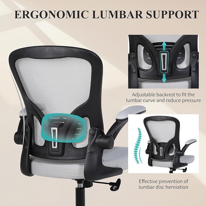 Flysky Mesh Office Chair, Ergonomic Computer Desk Chairs for Home Office - with Comfy/Comfortable Flip-up Arm Rests, Lumbar Support, Height Adjustable, 360 Degree Rolling Swivel (Gray, 1 Pack)