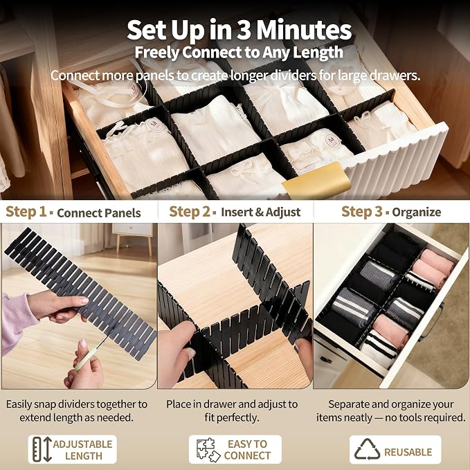 Drawer Divider Adjustable Diy Storage Organizer Separator for Tidying Clutter Cutlery Makeup Clothes of Dresses, Desk & Box in Kitchen Bathroom Bedroom Office (Cut at Will) (Black 32pcs)
