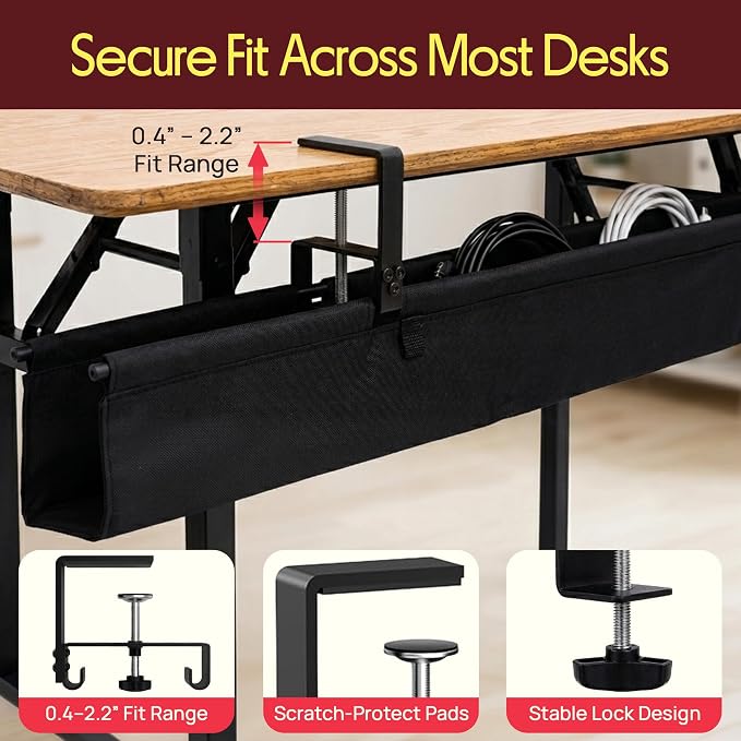 Pyle 48" Under Desk Cable Management Tray, Under Desk Wire Organizer with Clamp or Screw Mount, Desk Cable Organizer with Fabric Design for Large Workstations, Built-in Ties, 20 lb Capacity, Black