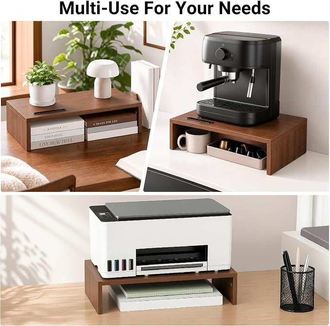 BONTEC Monitor Stand Riser with Cellphone Holder & Cable Management | 16.7 Inch Wood Monitor Riser Stand, Desktop Stand for PC/TV/Laptop/Printer, Walnut