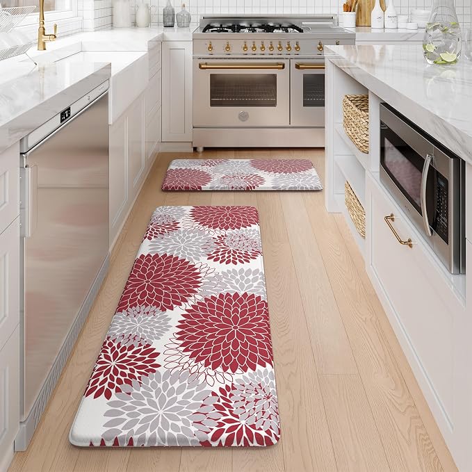 KIMODE Anti Fatigue Kitchen Mats for Floor 2PCS Cushioned Standing Mats | 17"x47"+17"x29",Dahlia Floral,Red, Farmhouse Floor Mats set of 2,Non Slip,Waterproof,Comfort Mat for Sink Office Laundry home