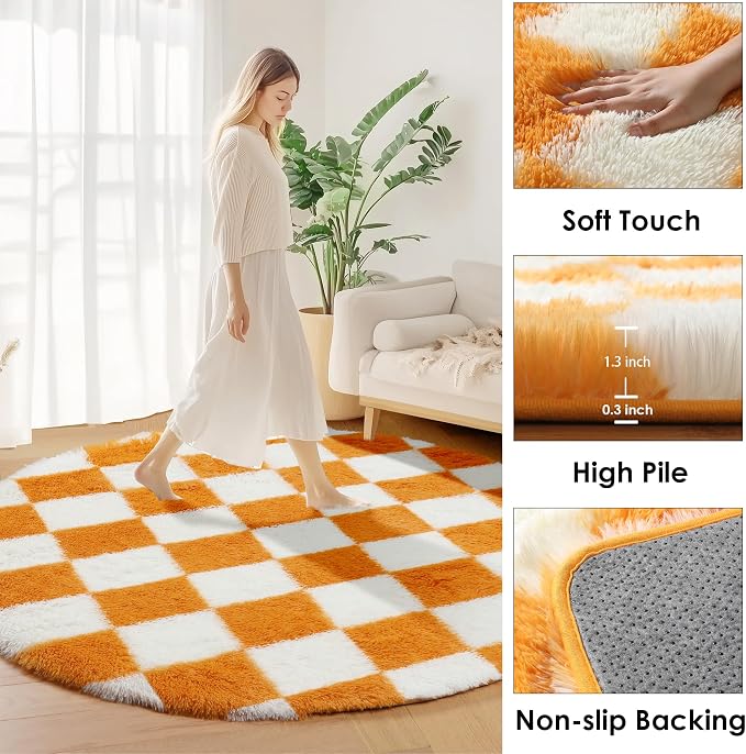 KICMOR Round Rug 4ft Orange and Cream White Circle Area Rug, Fluffy Soft Fuzzy Shag Shaggy Bedroom Living Room Carpet, Indoor Checkered Circular Rug for Kids Boys Girls Home Decor Aesthetic, Nursery