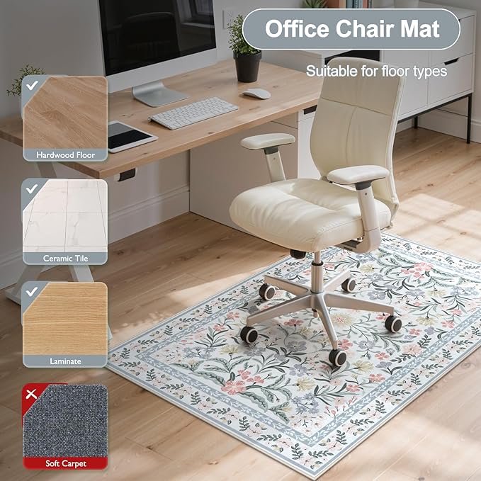 Anidaroel Desk Chair Mat for Hardwood Floor/Tile Floor, 36"x48" Boho Computer Chair Mat, Anti-Slip Floral Office Rugs for Rolling Chairs, Low Pile Beige Desk Chair Mats for Hardwood
