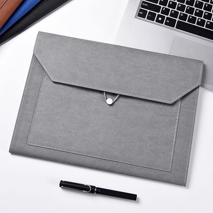 PU Leather A4 File Folder Document Holder 2 Pockets Portfolio Envelope Folder Case with Elastic String 3/4 Inch Expansion (Gray)
