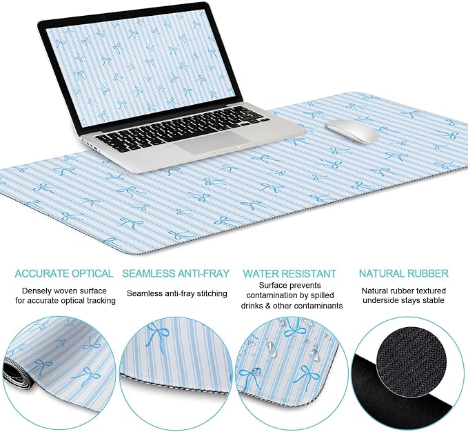 LIMKRIAN Blue Striped Mouse Pad Set Large Desk Mat for Desktop, Ergonomic Mousepad with Wrist Rest for Gaming, Keyboard Mat Wrist Support Cup Coaster Set, Cute Home Office Desk Accessories for Women