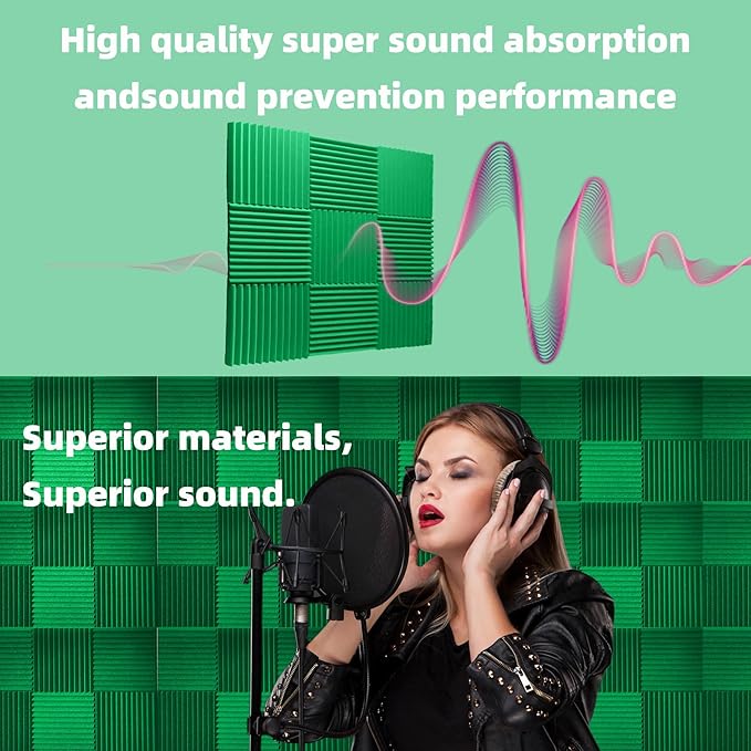 24 Pack Sound Proof Foam Panels | 1"×12"×12" Quick-Recovery Soundproof Wall Panels | High Density Sound Dampening Panels for Home Studio | With Adhesive Stickers 120PCS (Green)