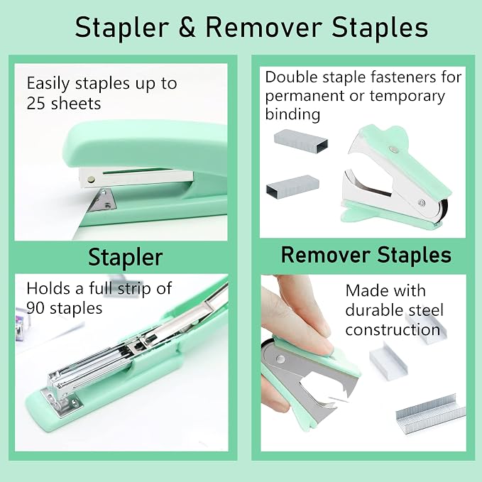 Green Office Supplies, Purple Desk Accessories, Stapler, Staple Remover, Tape Holder, Pen Holder, Ballpoint Pen, Scissor, Binder Clips, Paper Clips and 1000pcs Staples.