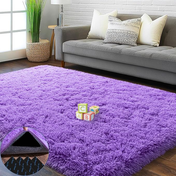 4x6 Area Rug for Bedroom, Purple Rugs for Living Room Nursery Kids Room Dorm Home Decor Aesthetic, Fluffy Shaggy Rug with 4 Anti-Slip Carpet Tapes