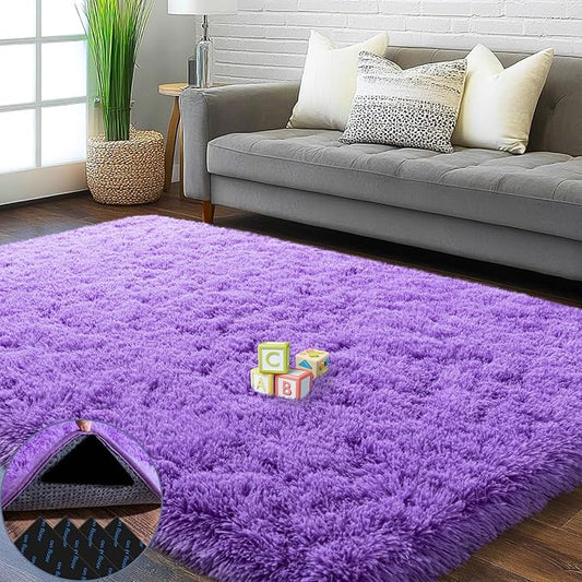 4x6 Area Rug for Bedroom, Purple Rugs for Living Room Nursery Kids Room Dorm Home Decor Aesthetic, Fluffy Shaggy Rug with 4 Anti-Slip Carpet Tapes