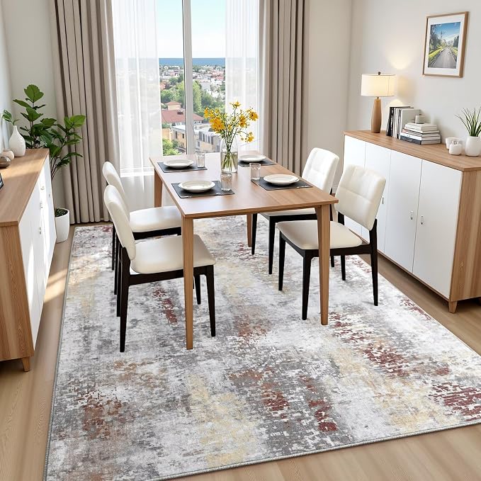 Macgace Washable Abstract Rug, 3x5 Modern Area Rugs with Non-Slip Rubber Backed for Bedroom, Thin but Soft Contemporary Carpet Kitchen Living Room Decor, Rusty Brown