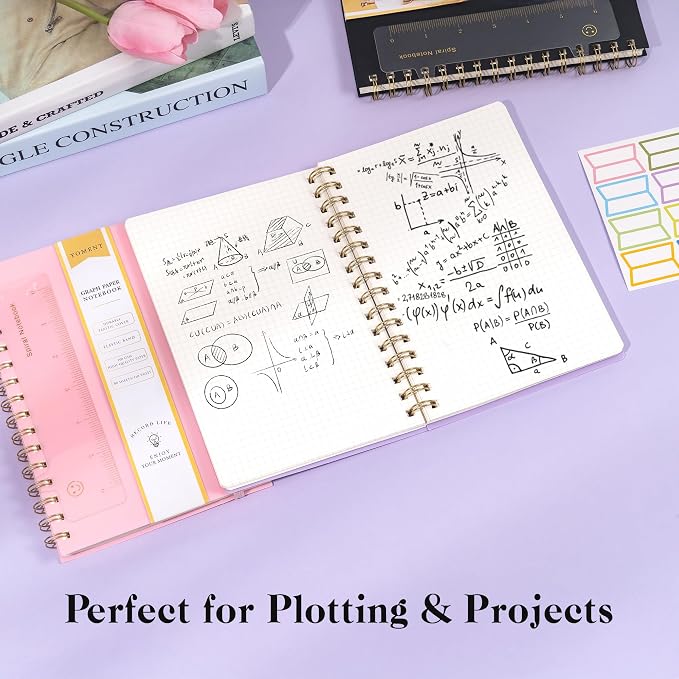 Yoment Graph Paper Spiral Notebook A5 Graphing Notebook 160 Pages Graph Paper Notebook Spiral Bound Waterproof Plastic Hardcover Spiral Journal 5x7 Grid Notebooks for Note Taking,Purple