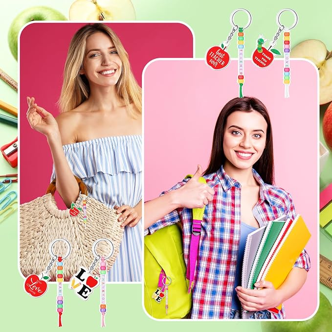 Suncalla 984 Pcs 24 Set Teacher Keychain Making Kit Teacher Charm Gifts Crafts DIY Cute Apple Beads Key Chain Thank You for All You Do Cards Strings Kit Back to School Gift First Day of Party Favors