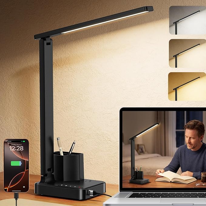 cozoo LED Desk Lamps for Home Office, Modern Dimmable Eye Cariing Desk Light with USB Charging Ports AC Outlet, Pen Holder,Touch/Memory/Timer, Kids Small Table Lamp for Reading, Bedroom, Study, Craft