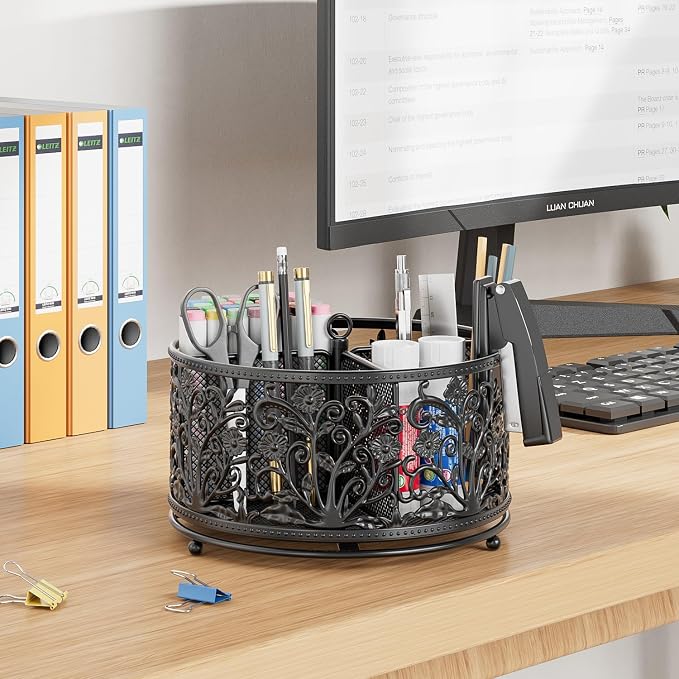 EKNITEY Pencil Holder for Desk - 360° Rotating Pen Holder Organizer Caddy | Sturdy Metal, Rotation Smooth, 4 Compartments, Non-Slip Base, Cute Floral Design, for Office Home Classroom School, Black