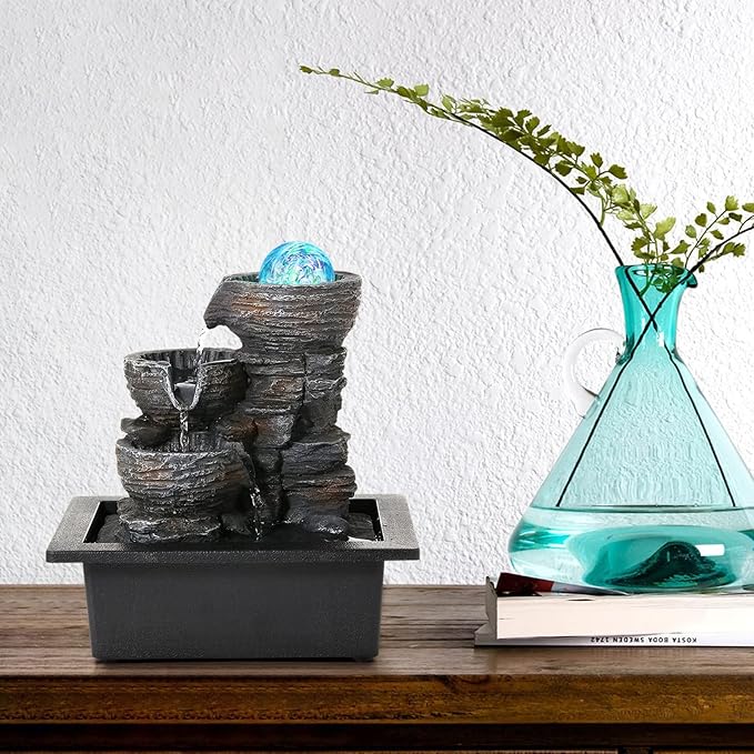 Dyna-Living Water Fountains Indoor Tabletop Fountain with Pump Waterfall Fountain Indoor Coloured LED Lights Desk Water Fountains for Home Office Decor Style 1
