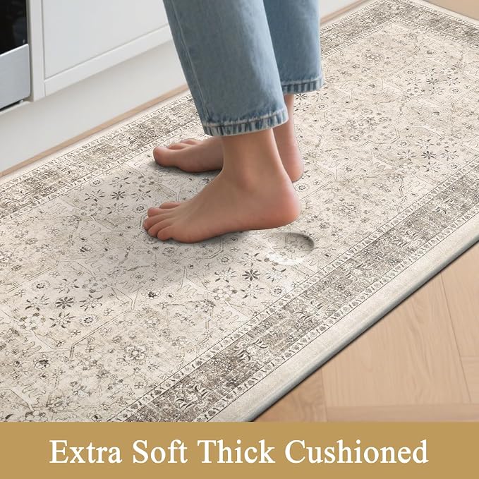 Pauwer Anti Fatigue Kitchen Floor Mats Set of 3, Cushioned Rugs, Khaki | Non Slip Comfort Standing Mat, PVC Foam Padded Kitchen Rugs, Waterproof Sink Rug for Small Kitchen Area, Laundry Room