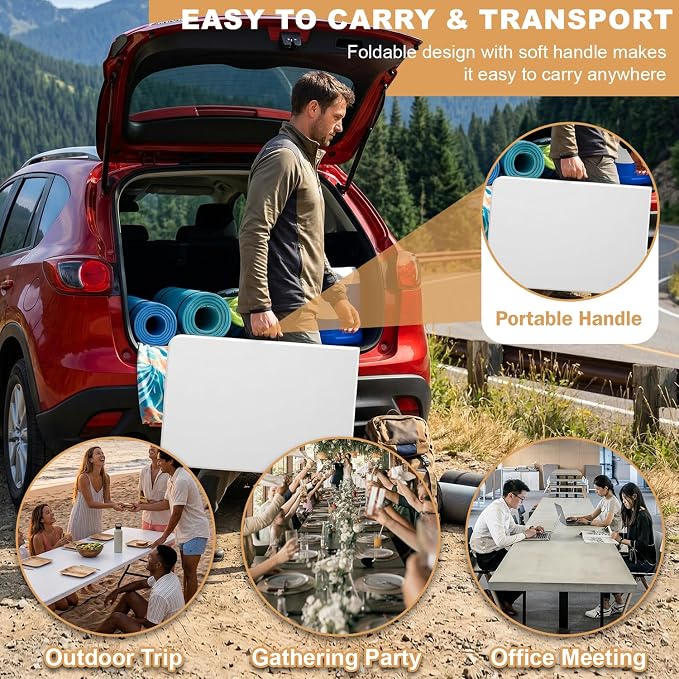 FDW 8FT Plastic Folding Table, Portable with Carrying Handle Perfect for Indoor, Outdoor, Party, Dining, Wedding, Events, Camping, White