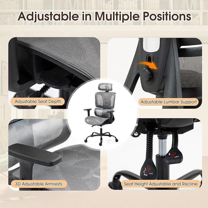 Ergonomic Office Chair with Adjustable Lumbar Support, 3D Armrests & Headrest, 135° Reclining Chair with Large Steel Base, Swivel Desk Mesh Chair, High Back Office Chair, Grey