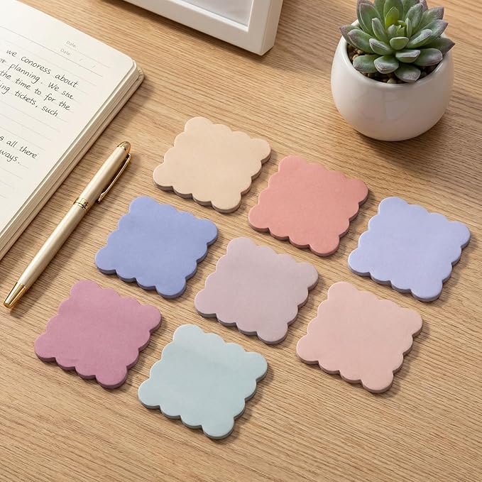 Eaasty 8 Pack Scalloped Sticky Notes Cute Adhesive Memo Pads Vintage Colors Aesthetic Unlined Self Stick Note Pads 3" x 3" Pretty Wavy Sticky Notes Bulk 240 Sheets for School Office Supplies