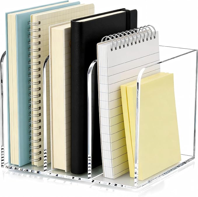 Clear Acrylic 3-Slot Magazine File Holder, Vertical Desk Organizer | 3 extra-wide compartments hold magazines, files, books, tablets. 5mm thick clear acrylic, non-slip base. No assembly.