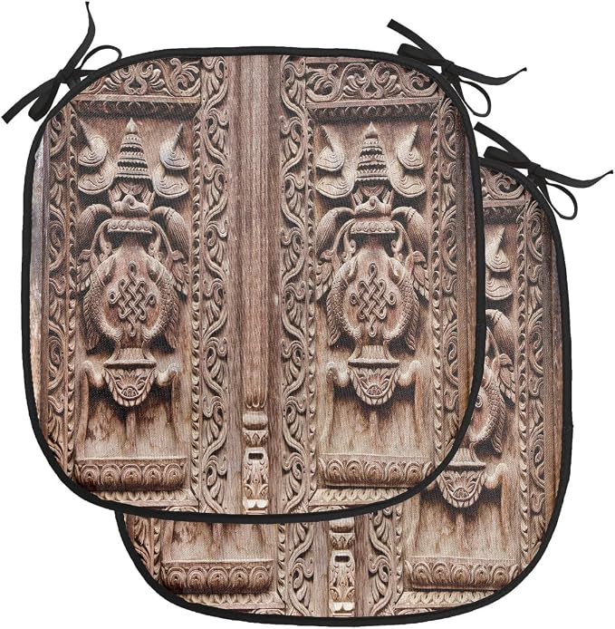 Lunarable Rustic Chair Cushion Pads Set of 2, Wooden Carved Door Image Detailed Kathmandu Cultural Facade Print, Anti-Slip Seat Padding for Kitchen & Patio, 16"x16", Brown