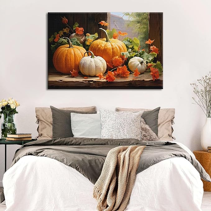 Vintage Pumpkin Canvas Wall Art Fall Pictures Halloween Maple Leaf Autumn Decor Thanksgiving Wall Prints Rustic Framed Wall Decor Modern Artwork for Living Room Kitchen Bedroom Home Decorations 32x48”