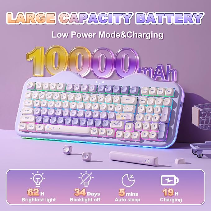 YUNZII C98 Wireless Mechanical Keyboard with Number Pad,99 Key BT5.0/2.4G/USB-C Hot Swap Gasket Mount with PBT MOA Keycaps,Custom RGB,Cute Cake Keyboard for Win/Mac (Purple, Milk V2 Linear Switch)