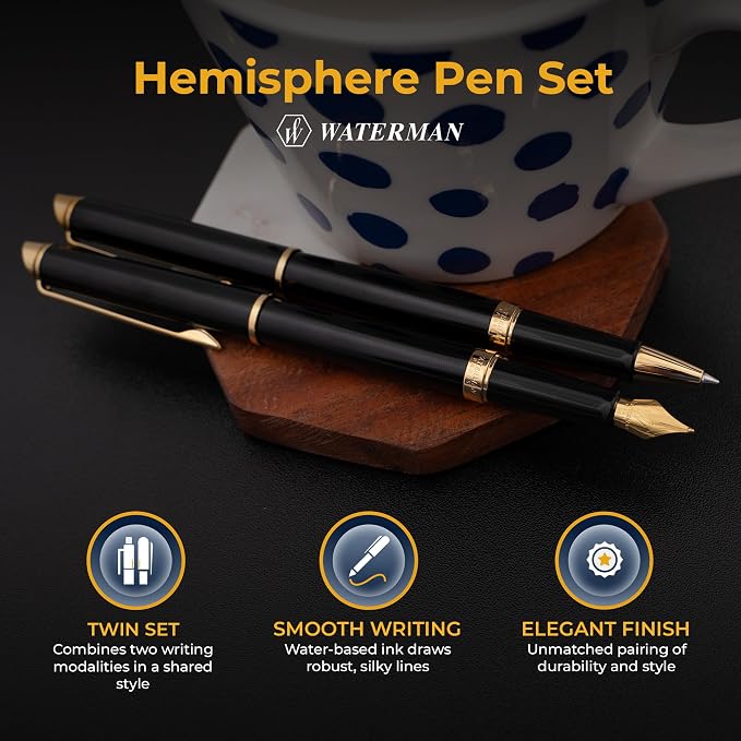 Waterman Hemisphere Engraved Fountain and Rollerball Pen Set, Black Lacquer with 23K Gold, Matching Engraving on Both Caps, Mysterious Blue Ink, Gift for Retirement, Board Members, Career Advancement
