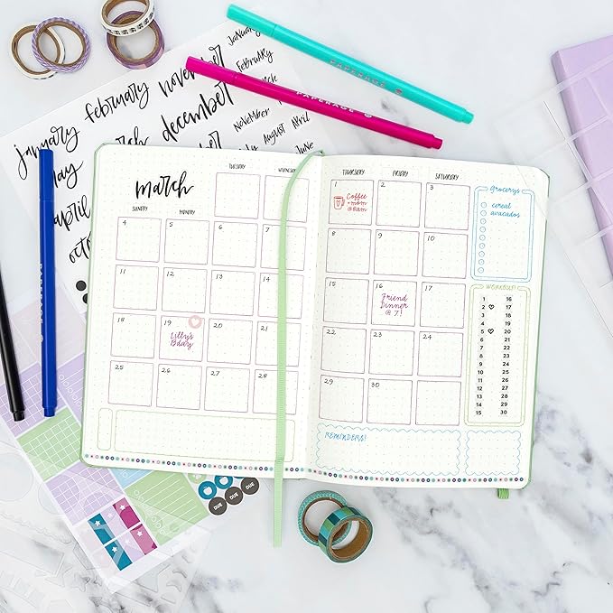 PAPERAGE Bullet Style Journal Kit, Dotted Journaling Set & Stationary Kit, Hardcover Dotted Journal Notebook (Blush), 12 Fineliner Pens, 8 Sticker & 4 Stencil Sheets, 6 Washi Tapes