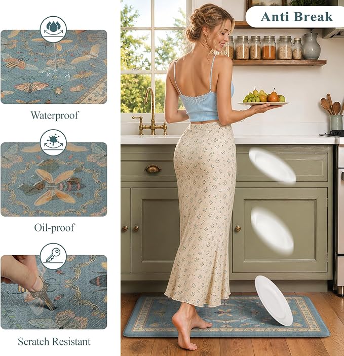 KIMODE Kitchen Mats Cushioned Anti Fatigue Kitchen Mats for Floor 2 Piece | 17 x29+17"x47", Blue,Vintage Butterfly,Non Slip Waterproof,Memory Foam,Standing Mats,for Laundry Sink Office Home Decor